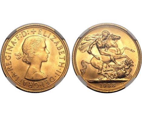 UNITED KINGDOM. Elizabeth II, 1952-2022. Gold sovereign, 1958. Royal Mint. First, laureate head of Elizabeth II facing right;