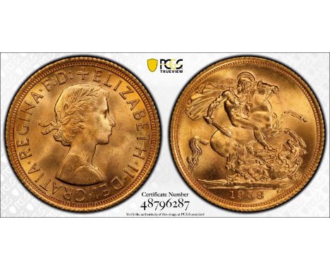 UNITED KINGDOM. Elizabeth II, 1952-2022. Gold sovereign, 1958. Royal Mint. First, laureate head of Elizabeth II facing right;