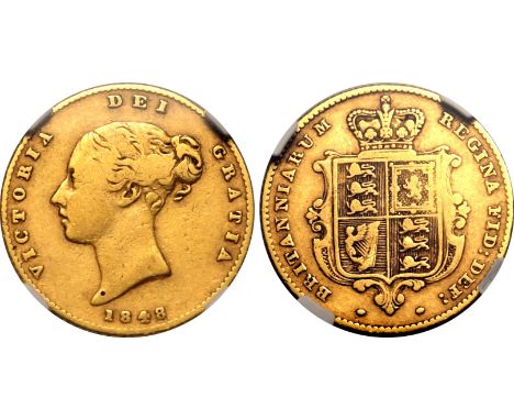 UNITED KINGDOM. Victoria, 1837-1901. Gold half-sovereign, 1848/7. London. 8 over 7. First small young head of Victoria facing