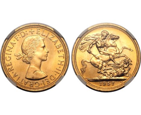 UNITED KINGDOM. Elizabeth II, 1952-2022. Gold sovereign, 1957. Royal Mint. First, laureate head of Elizabeth II facing right;