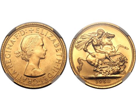 UNITED KINGDOM. Elizabeth II, 1952-2022. Gold sovereign, 1958. Royal Mint. First, laureate head of Elizabeth II facing right;