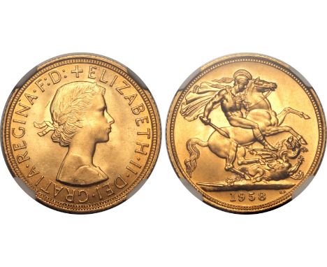 UNITED KINGDOM. Elizabeth II, 1952-2022. Gold sovereign, 1958. Royal Mint. First, laureate head of Elizabeth II facing right;