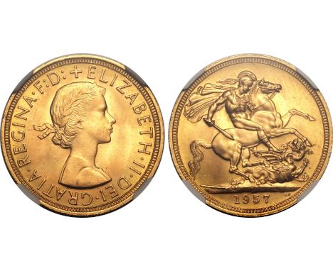 UNITED KINGDOM. Elizabeth II, 1952-2022. Gold sovereign, 1957. Royal Mint. First, laureate head of Elizabeth II facing right;