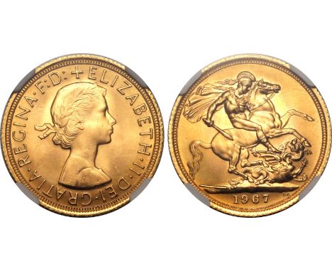 UNITED KINGDOM. Elizabeth II, 1952-2022. Gold sovereign, 1967. Royal Mint. First, laureate head of Elizabeth II facing right;