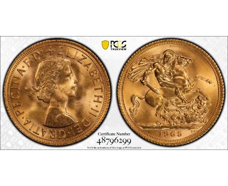 UNITED KINGDOM. Elizabeth II, 1952-2022. Gold sovereign, 1965. Royal Mint. First, laureate head of Elizabeth II facing right;