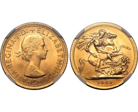 UNITED KINGDOM. Elizabeth II, 1952-2022. Gold sovereign, 1965. Royal Mint. First, laureate head of Elizabeth II facing right;