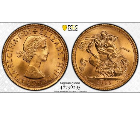 UNITED KINGDOM. Elizabeth II, 1952-2022. Gold sovereign, 1965. Royal Mint. First, laureate head of Elizabeth II facing right;