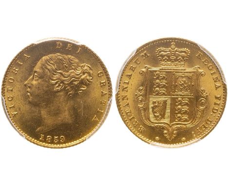 UNITED KINGDOM. Victoria, 1837-1901. Gold half-sovereign, 1859. London. First small young head of Victoria facing left, hair 