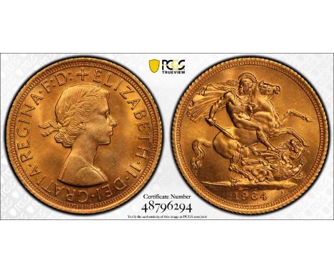 UNITED KINGDOM. Elizabeth II, 1952-2022. Gold sovereign, 1964. Royal Mint. First, laureate head of Elizabeth II facing right;