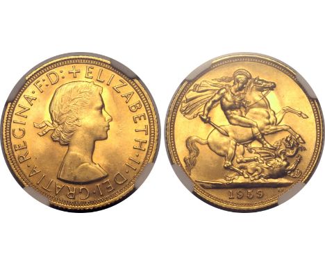 UNITED KINGDOM. Elizabeth II, 1952-2022. Gold sovereign, 1959. Royal Mint. First, laureate head of Elizabeth II facing right;