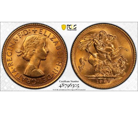 UNITED KINGDOM. Elizabeth II, 1952-2022. Gold sovereign, 1967. Royal Mint. First, laureate head of Elizabeth II facing right;