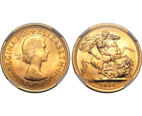 UNITED KINGDOM. Elizabeth II, 1952-2022. Gold sovereign, 1966. Royal Mint. First, laureate head of Elizabeth II facing right;