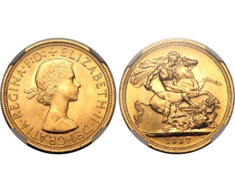 UNITED KINGDOM. Elizabeth II, 1952-2022. Gold sovereign, 1957. Royal Mint. First, laureate head of Elizabeth II facing right;