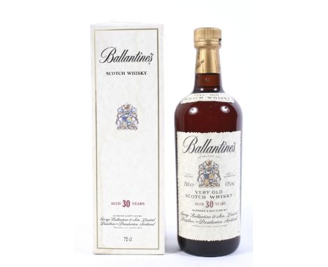 A bottle of Ballatines 30 year old scotch whisky, blended and bottled by George Ballantine &amp; son limited, Dumbarton, Scot