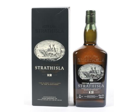 A single bottle of Strathisla 12 year old pure Highland malt Scotch whisky, with screen printed label depicting the distiller