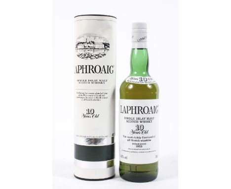 A bottle of Laphroaig single Islay Malt 10 year old Scotch whisky, distilled and bottled in Scotland by D Johnston &amp; Co, 