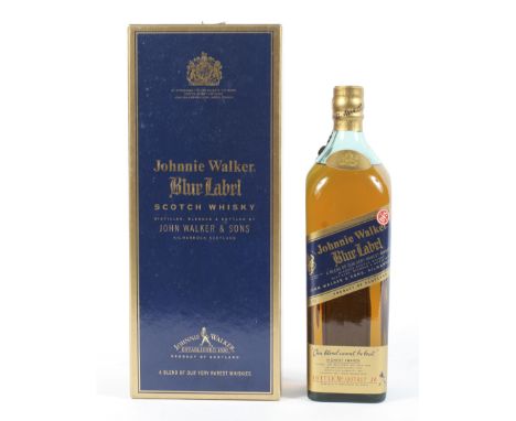 A bottle of Johnnie Walker blue label blended Scotch whisky, bottle no Q37417, distilled blended and bottled by John Walker &