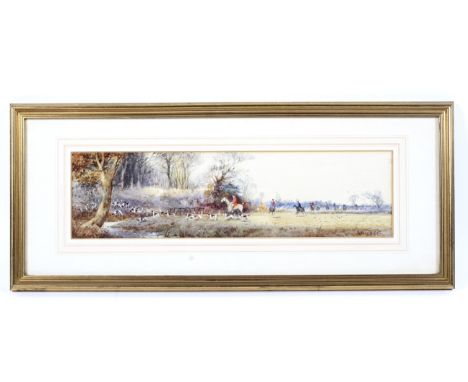 An Arthur Willett watercolour, depicting a hunting scene, signed, 11.5cm x 44.5cm, framed and glazed 