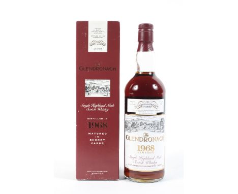 A bottle of Glendronach 25 year old single Highland malt Scotch Whisky, 1968 vintage, bottled in 1993, matured in sherry cask