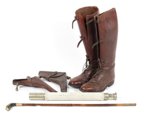 A selection of assorted riding equipment, to include a pair of leather boots, Army &amp; Navy telescope, gun holsters and mor