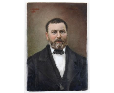 M. Claudel (French, 19th century): a miniature portrait plaque, depicting a gentleman wearing a black coat, painted onto a wh