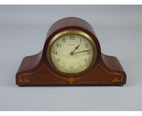 An Edwardian French 8 Day Mahogany-Cased Inlaid Mantle Clock, approx 23.5 x 14.5 high.