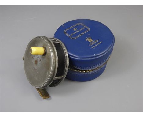 Vintage Hardy's Reel, contained within a blue leatherette reel pouch.&nbsp;