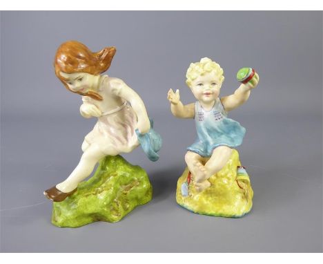 After Royal Worcester Figurines of Toddlers, the boy holding a ball and the girl a hat, unmarked, approx 13 and 15 cms respec