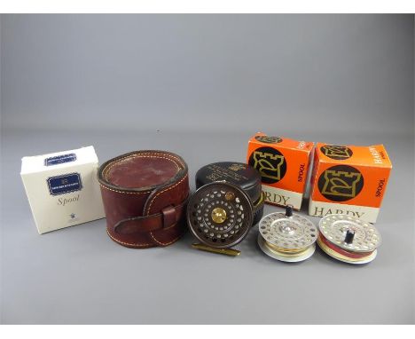 Vintage Hardy's LRH Lightweight Reel, contained with in a blue leatherette Hardy Bros Ltd Reel Pouch together with three Hard