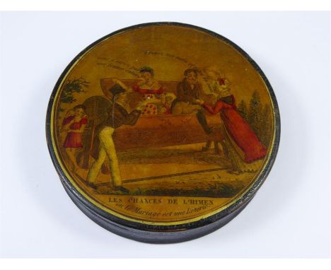 A Georgian Papier Mache Snuff Box, illustrated to the cover 'The Lottery of Marriage', approx 87 mm.