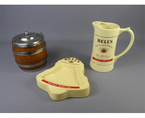 A Wade Bells Old Scotch Whisky Ashtray and Water Jug together with a barrel ice bucket. (3)