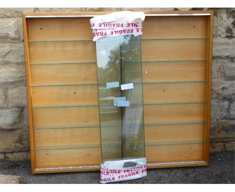 A Pair of Vintage Light Oak Collector's Display Cabinets, with each having six internal shelves and double-sliding glass door