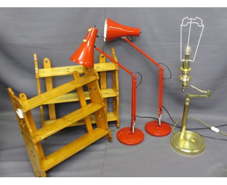 TWO RED ANGLEPOISE LAMPS, brass adjusting lamp and a pair of pine open wall shelves E/T