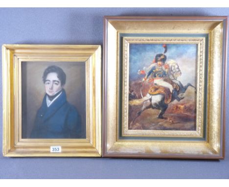 UNSIGNED GOUACHE PORTRAIT OF A PERIOD GENTLEMAN, 23 x 19cms and an oilograph of a soldier on horseback