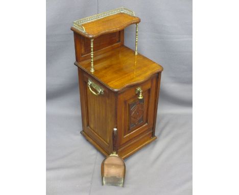 EDWARDIAN MAHOGANY COAL CABINET having galleried shelf, carry handles and other fittings in brass, drop down front with inter