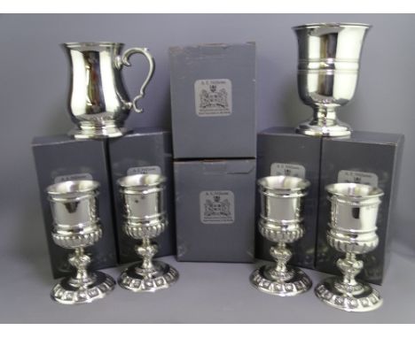 A E WILLIAMS FINEST PEWTER, 6 PIECES to include four chalice style goblets, 14cm heights, a bellied tankard with scroll handl