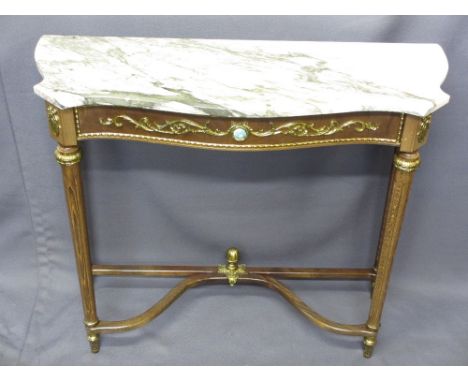 EMPIRE STYLE CONSOLE TABLE with shaped pink marble top, gilt metal mounts and X frame stretcher, 77cms H, 90cms W, 32cms D