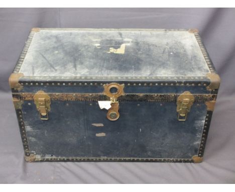 VINTAGE BLUE TRAVEL TRUNK with clip locks and carry handles, 52cms H, 92cms W, 52cms D