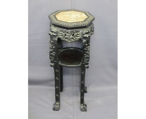 CHINESE CARVED HARDWOOD STAND with inset marble top and under-tier shelf, 84cms H, 35cms W