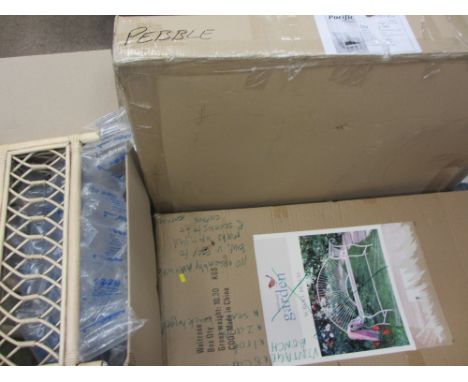 AS NEW, BOXED GARDEN &amp; CONSERVATORY ITEMS including a scroll-end garden bench and bamboo chair