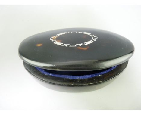 EDWARDIAN OVAL TORTOISE SHELL &amp; PIQUET SILVER MOUNTED TRINKET BOX, 13cms across