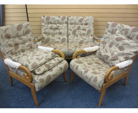 ERCOL-RECENTLY RE-UPHOLSTERED THREE PIECE LOUNGE SUITE with scroll-end arms, 92cms H, 124cms W the couch