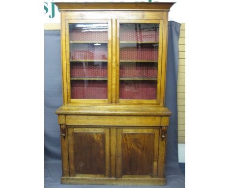 VICTORIAN OAK &amp; MAHOGANY CWPWRDD GWYDIR, twin upper glazed doors with interior shelving, the base with single frieze draw