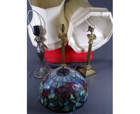 TIFFANY STYLE TABLE LAMP, a pair of brass effect table lamps and household items E/T