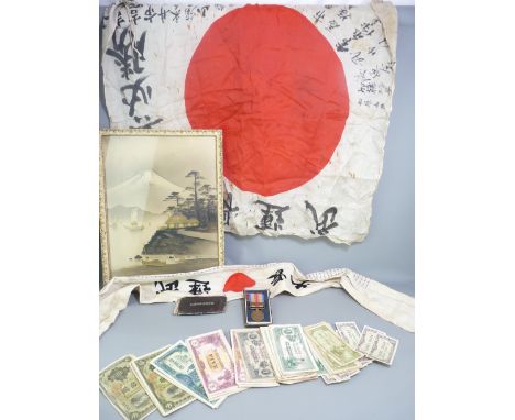 JAPANESE WWII INTEREST including a silk 'Good Luck/Prayer' flag, 69 x 79cms, a kamikaze pilot's headband, a China incident wa