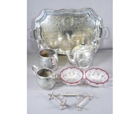 EPNS - three piece tea service, condiment servers, tray ETC
