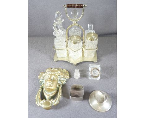 SILVER INKWELL, electroplate condiment set, good brass door knocker ETC