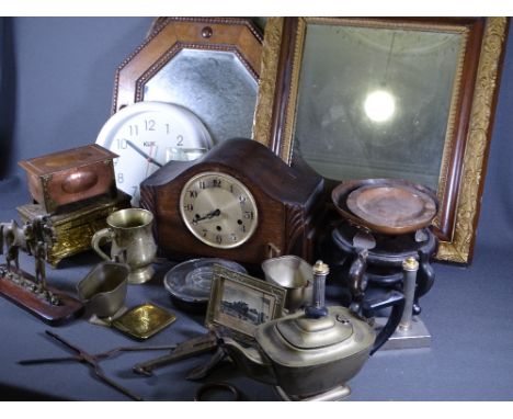GILT FRAMED &amp; OTHER DECORATIVE WALL MIRRORS, polished mantel clock, electroplate and copperware ETC