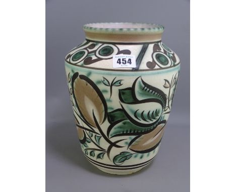 CARTER STABLER ADAMS POOLE POTTERY VASE, 25cms H, hand painted with stylized flowers, impressed factory stamp to a pink base 