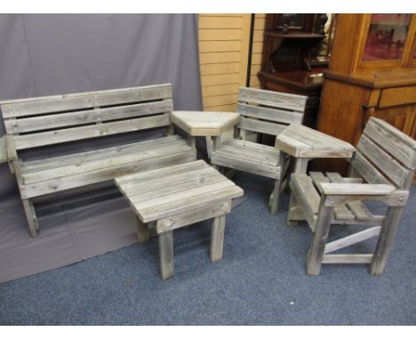 SIX PIECE RUSTIC GARDEN FURNITURE SET consisting of bench, two armchairs, table and corner slot-on tables, various measuremen